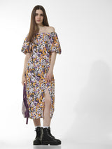 Women's Purple Woven Casual Printed Maxi Length Half Sleeves Dress