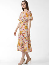Women's Yellow Woven Casual Printed Maxi Length Half Sleeves Dress