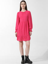 Women's Pink Woven Casual Solid Above Knee Full Sleeves Dress