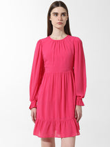 Women's Pink Woven Casual Solid Above Knee Full Sleeves Dress