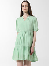 Women's Green Woven Casual Solid Above Knee Half Sleeves Dress