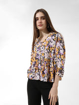 Women's Multicolor Woven Casual Printed Regular Fit Three Quarter Sleeves Top