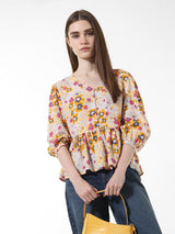 Women's Beige Woven Casual Printed Regular Fit Three Quarter Sleeves Top