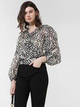Women's White Woven Casual Printed Cropped Full Sleeves Top