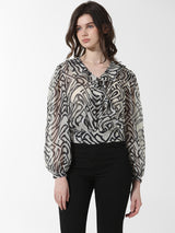 Women's White Woven Casual Printed Cropped Full Sleeves Top