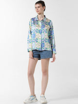 Women's Blue Woven Casual Printed Regular Fit Full Sleeves Shirt