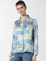 Women's Blue Woven Casual Printed Regular Fit Full Sleeves Shirt