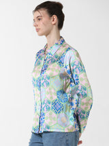 Women's Blue Woven Casual Printed Regular Fit Full Sleeves Shirt