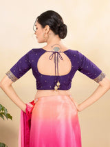 Women's Purple Silk Padded Front Open Elbow Sleeves Saree Blouse
