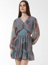 Women's Gray Woven Casual Printed Above Knee Full Sleeves Dress