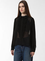 Women's Black Woven Casual Solid Regular Fit Full Sleeves Shirt