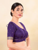 Women's Purple Silk Padded Front Open Elbow Sleeves Saree Blouse