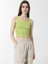 Women's Green Knitted Casual Striped Cropped Sleeveless Top