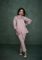 Women's Purple Work Regular Fit Embroidered Three Quarter Sleeves Co-Ord Sets