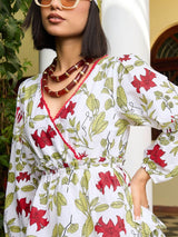 Women's White Casual Floral Wrap V-Neck Short Dress