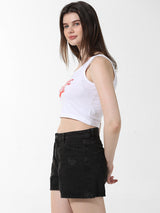 Women's White Knitted Casual Printed Cropped Sleeveless Tshirt