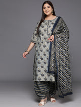 Women Grey Daily  Printed  Three-Quarter Sleeves Kurta Sets