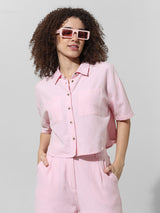 Women's Pink Woven Casual Solid Cropped Half Sleeves Shirt