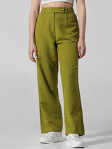 Women's Green Woven Work Solid Regular Fit Pant