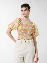 Women's Multicolor Woven Casual Printed Cropped Half Sleeves Top