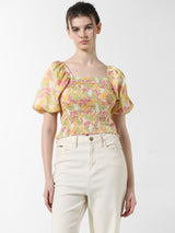 Women's Multicolor Woven Casual Printed Cropped Half Sleeves Top
