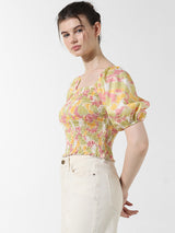 Women's Multicolor Woven Casual Printed Cropped Half Sleeves Top