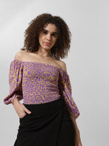 Women's Blue Woven Casual Printed Regular Fit Half Sleeves Top