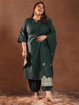 Women Green Daily  Solid Three-Quarter Sleeves Kurta Sets