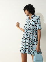 Women's Blue Woven Casual Printed Above Knee Half Sleeves Dress