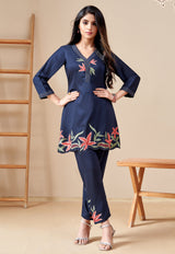 Women's Navy Work Regular Fit Embroidered Three Quarter Sleeves Co-Ord Sets