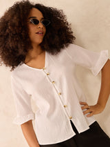 Women's White Front Buttoned Top with Ruffle Detail On Sleeve