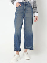 Women's Blue High Rise Cropped Wide Leg Jeans