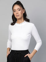 Women's White Rib High Neck Full Sleeve Top