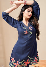 Women's Navy Work Regular Fit Embroidered Three Quarter Sleeves Co-Ord Sets