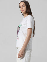 Women's White Knitted Casual Printed Regular Fit Half Sleeves Tshirt