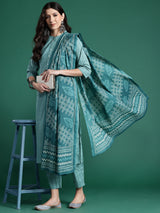 Women's Blue Printed Straight Kurta Trousers With Dupatta Set
