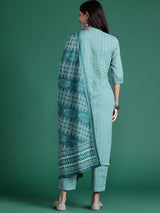 Women's Blue Printed Straight Kurta Trousers With Dupatta Set