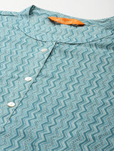 Women's Blue Printed Straight Kurta Trousers With Dupatta Set