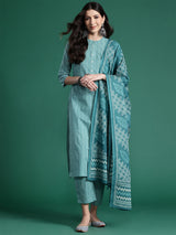 Women's Blue Printed Straight Kurta Trousers With Dupatta Set