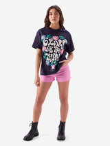 Women's Blue Casual Oversized Fit Printed Half Sleeves Tshirt