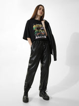 Women's Black Knitted Casual Printed Cropped Half Sleeves Tshirt