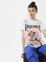 Women's White Knitted Casual Printed Regular Fit Half Sleeves Tshirt
