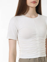 Women's White Knitted Casual Solid Cropped Half Sleeves Tshirt