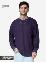 Men's Purple Solid Round Neck Oversized Full Sleeve Tshirt