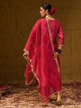 Women's Red Embroidered Straight Kurta Trouser With Dupatta set