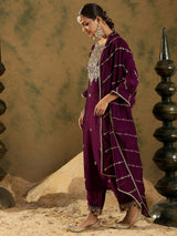 Women's Burgundy Embroidered Straight Kurta Trouser With Dupatta Set