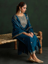 Women's Teal Embroidered Straight Kurta Trouser With Dupatta Set