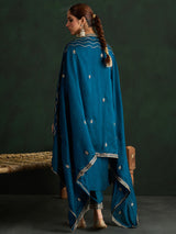 Women's Teal Embroidered Straight Kurta Trouser With Dupatta Set