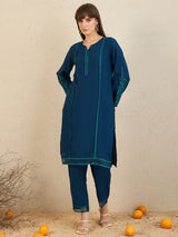 Women's Teal Embroidered Straight Kurta Trousers Set