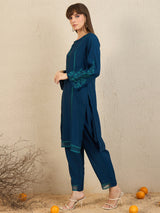 Women's Teal Embroidered Straight Kurta Trousers Set